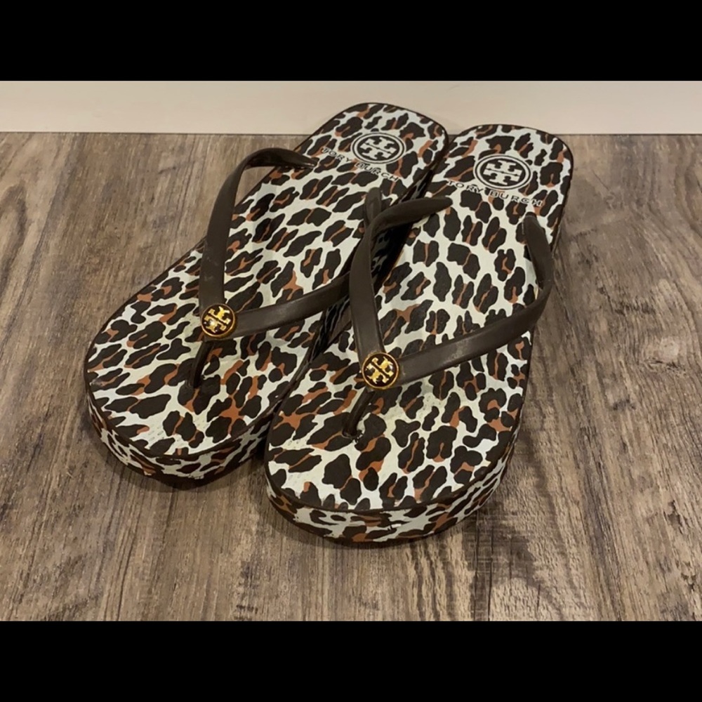 Tory Burch Leopard print flip flop wedges- used